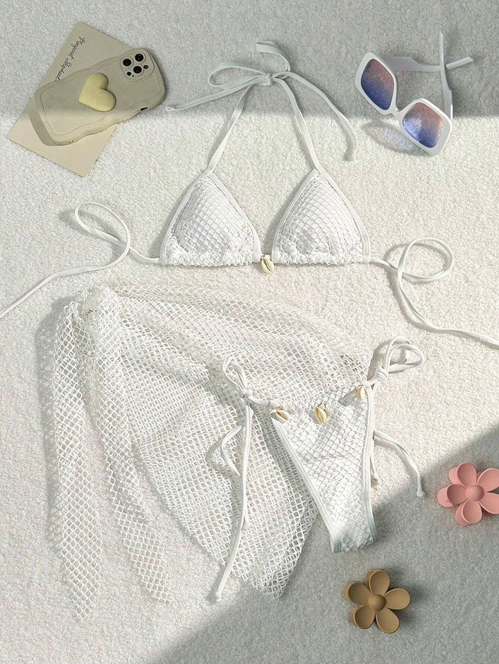 Damen Triangel-Bikini mit transparentem Netzgewebe und Schnürdetails Drune