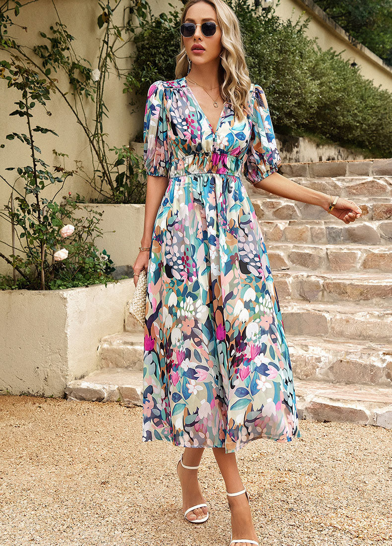 Damen Maxikleid mit fließendem Schnitt und voluminösen Puffärmeln Drune