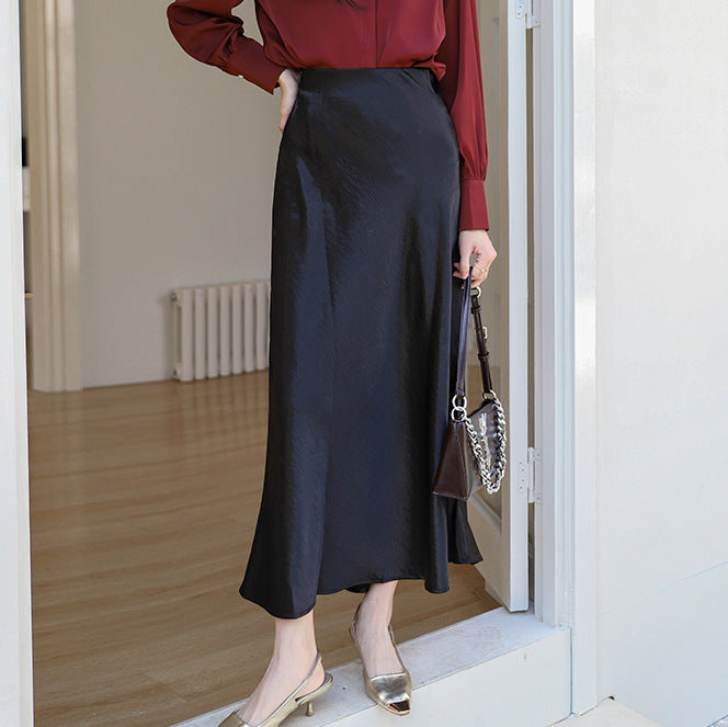 Damen nan schwingender Midirock aus satinierter Viskose mit glattem Taillenbund Drune