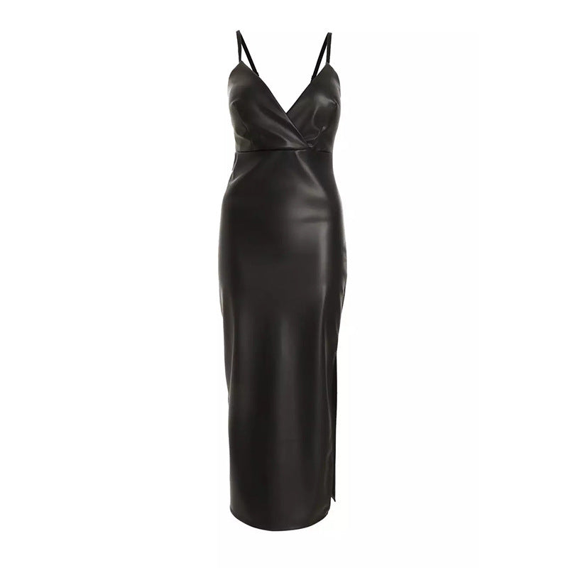 Damen Figurumspielendes Kunstleder-Midikleid mit tiefem V-Ausschnitt und seitlichem Schlitz Drune