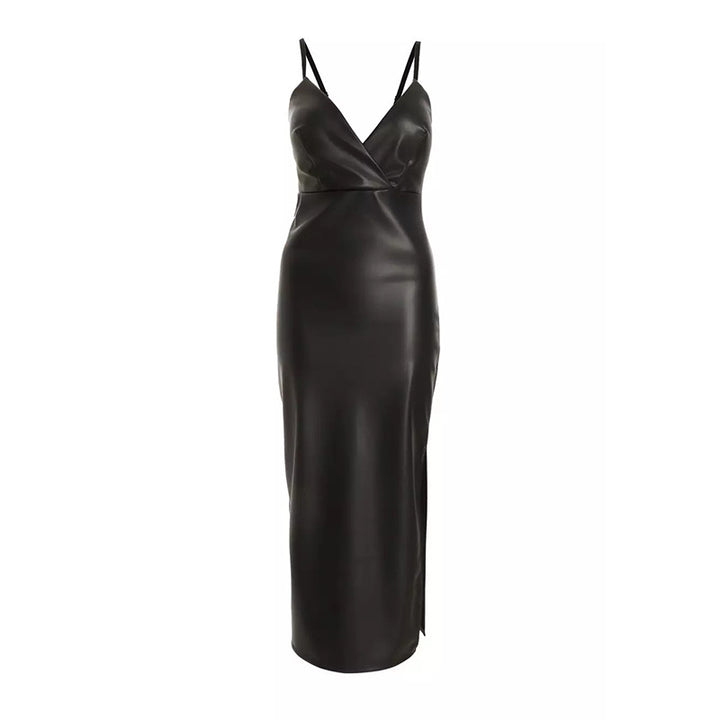 Damen Figurumspielendes Kunstleder-Midikleid mit tiefem V-Ausschnitt und seitlichem Schlitz Drune
