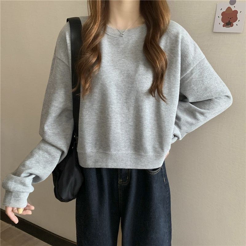 Damen lässiger cropped Pullover aus weichem Baumwollmix mit modischem Rundhalsausschnitt Drune