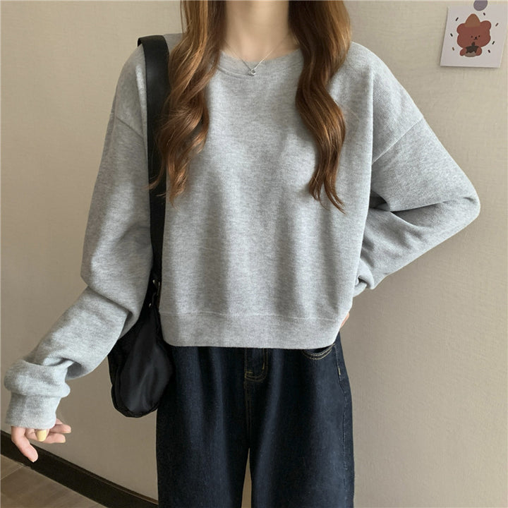 Damen lässiger cropped Pullover aus weichem Baumwollmix mit modischem Rundhalsausschnitt Drune