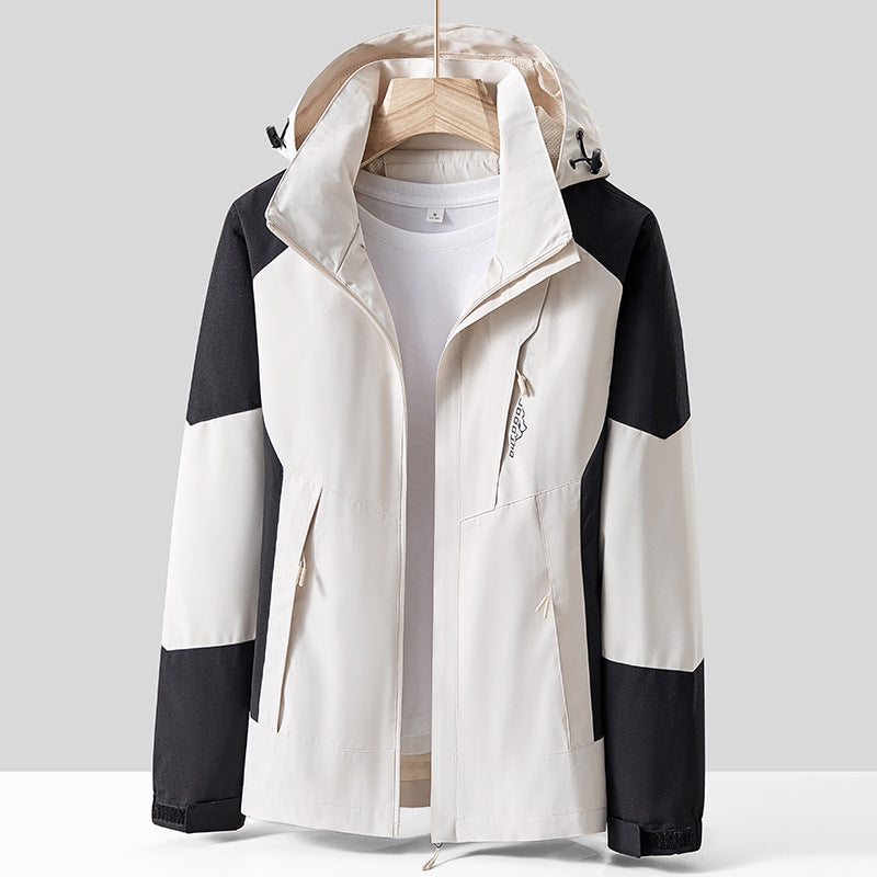 Unisex Atmungsaktive Softshell-Outdoorjacke im Colorblock-Design mit regulierbarer Kapuze und verdecktem Zweiwege-Reißverschluss Drune