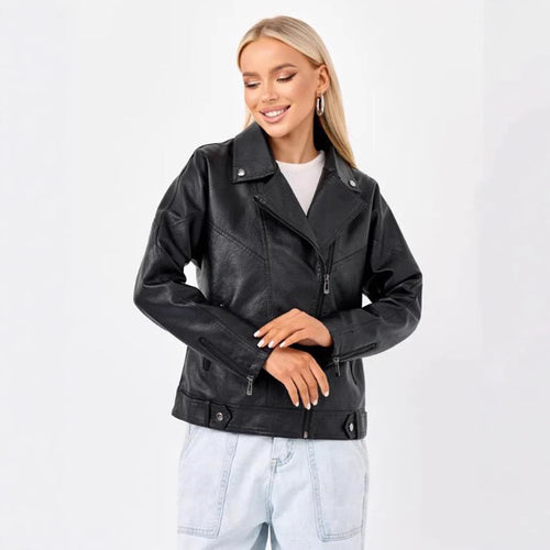 Damen hochwertige Kunstlederjacke im Biker-Stil mit asymmetrischem Reißverschluss Drune