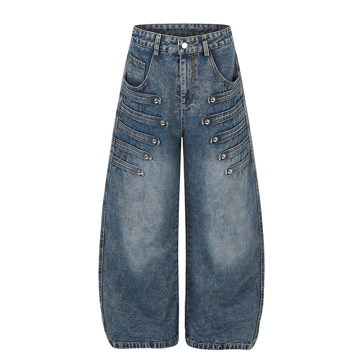 Damen Weite Denim-Palazzo-Jeans mit dekorischen Riegelnähten und Zierknopf-Details Drune