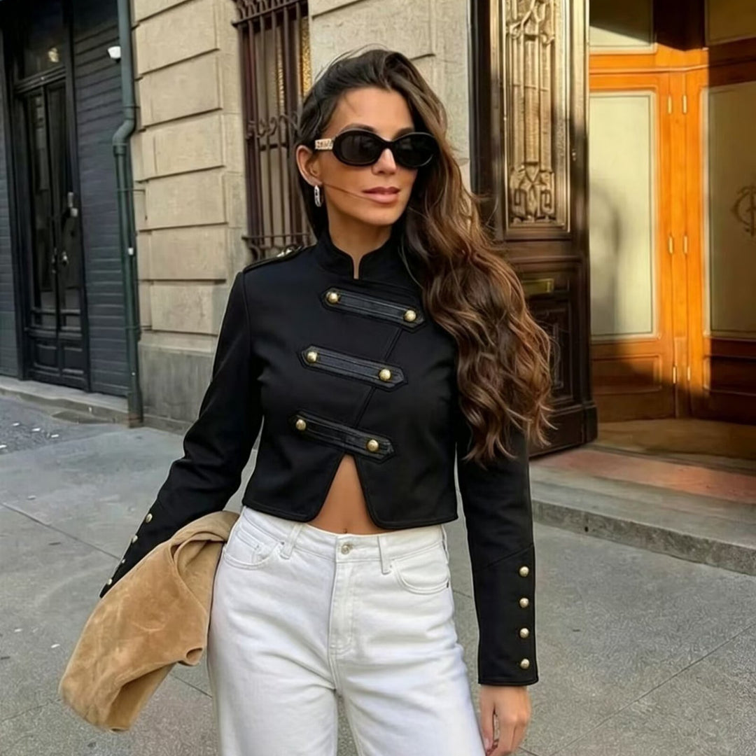Damen Cropped Militärblazer im Uniformstil mit dekorativen Zierstreifen und Messingknöpfen Drune