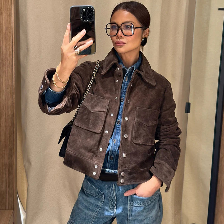 Damen Modische Wildlederjacke mit seitlichen Taschen Drune
