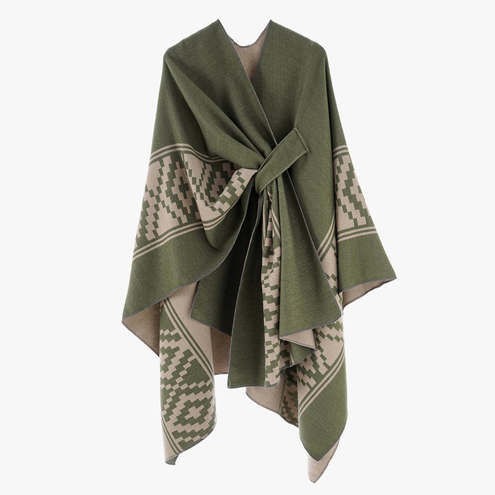 Damen Jacquard‑Ruana mit Bindegürtel und geometrischem Muster Drune