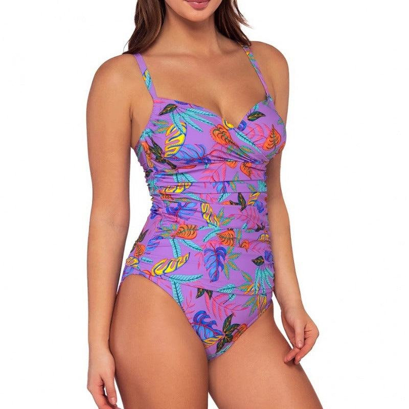 Damen Einteiliger Badeanzug mit floralem Wickeldesign und verstellbaren Trägern Drune