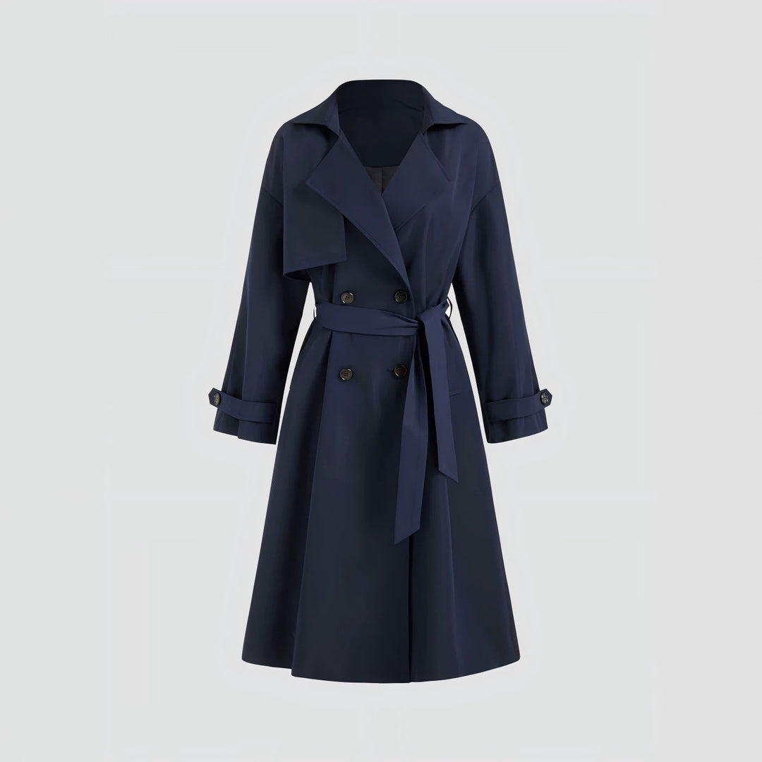 Damen Langer Trenchcoat-Mantel mit weiter Silhouette, Reverskragen und Taillengürtel Drune