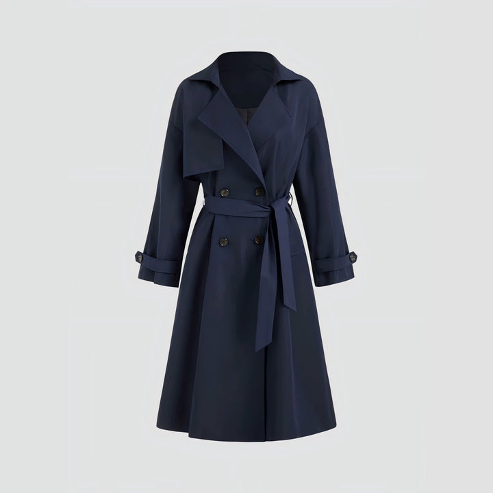 Damen Langer Trenchcoat-Mantel mit weiter Silhouette, Reverskragen und Taillengürtel Drune