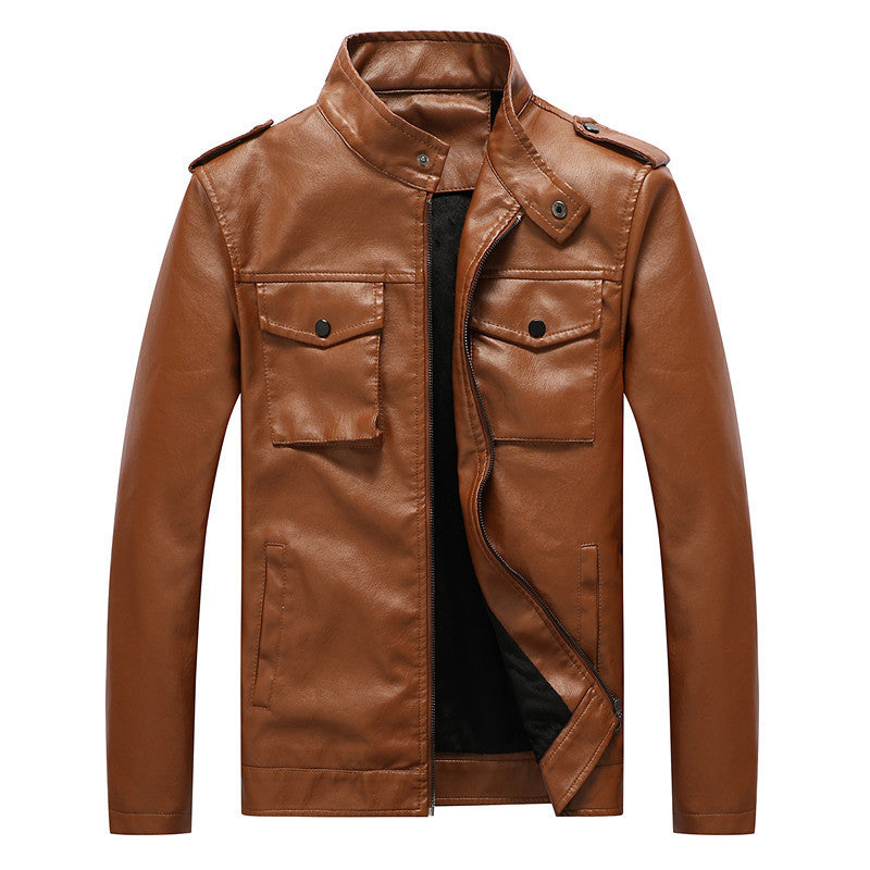 Herren Kunstlederjacke im Fieldstil mit Stehkragen, Schulterpatten und Brustklappentaschen Drune