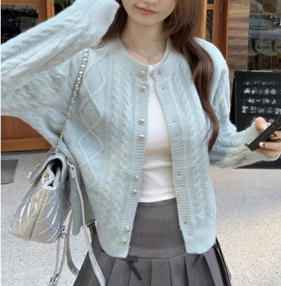 Damen Gemütlicher Strickjacke mit Perlknöpfen Drune