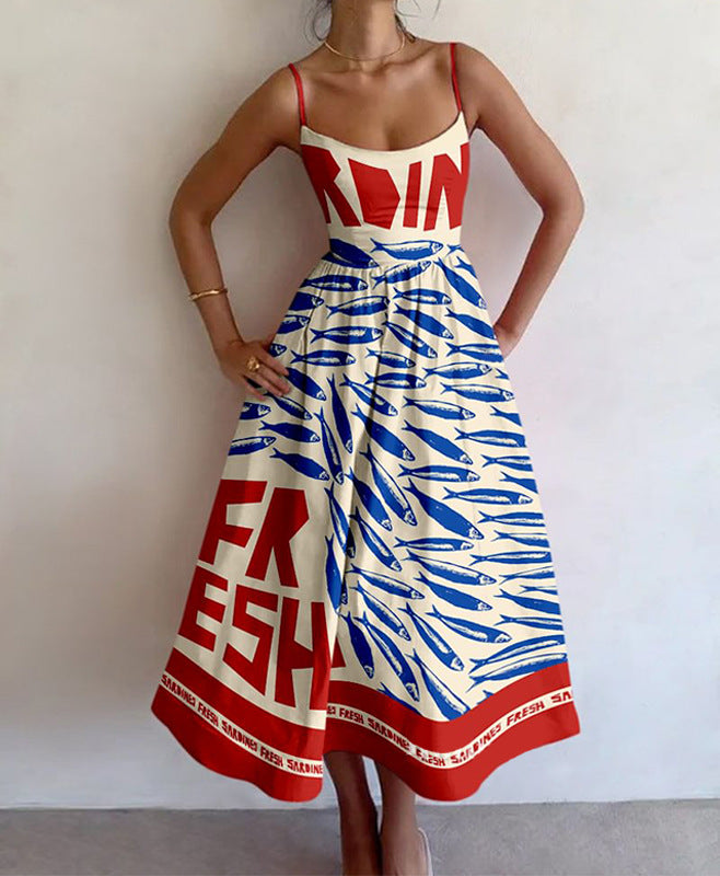 Damen Midi-Kleid mit auffälligem Grafikdruck und schwingendem Rock Drune