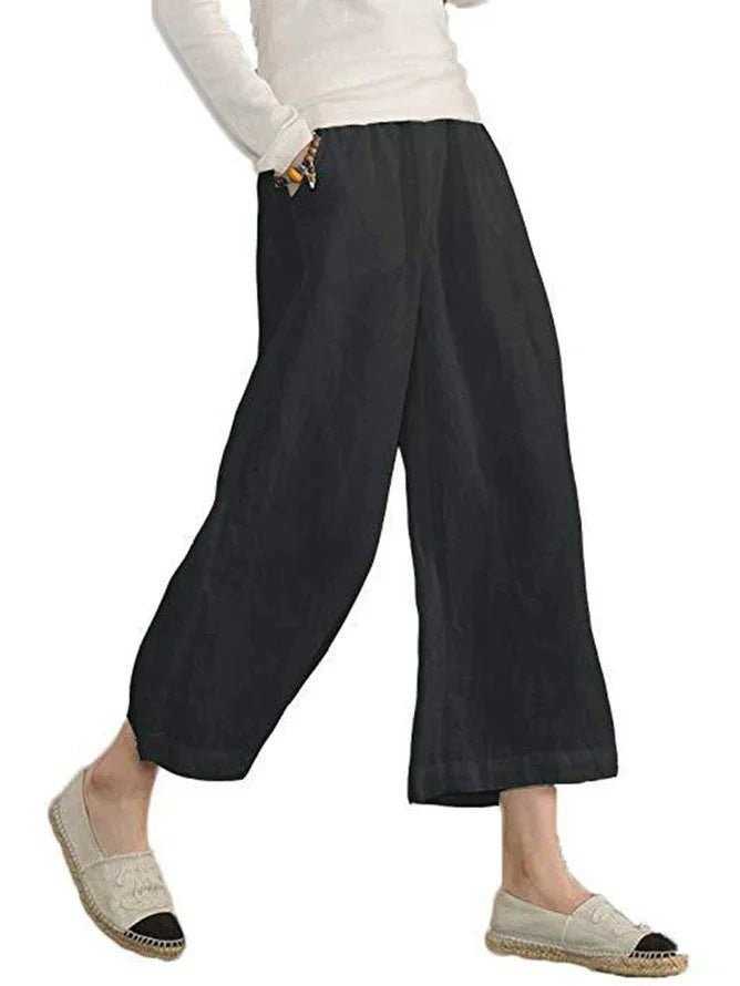 Damen weite Leinenhose mit seitlichen Taschen und elastischem Bund Drune