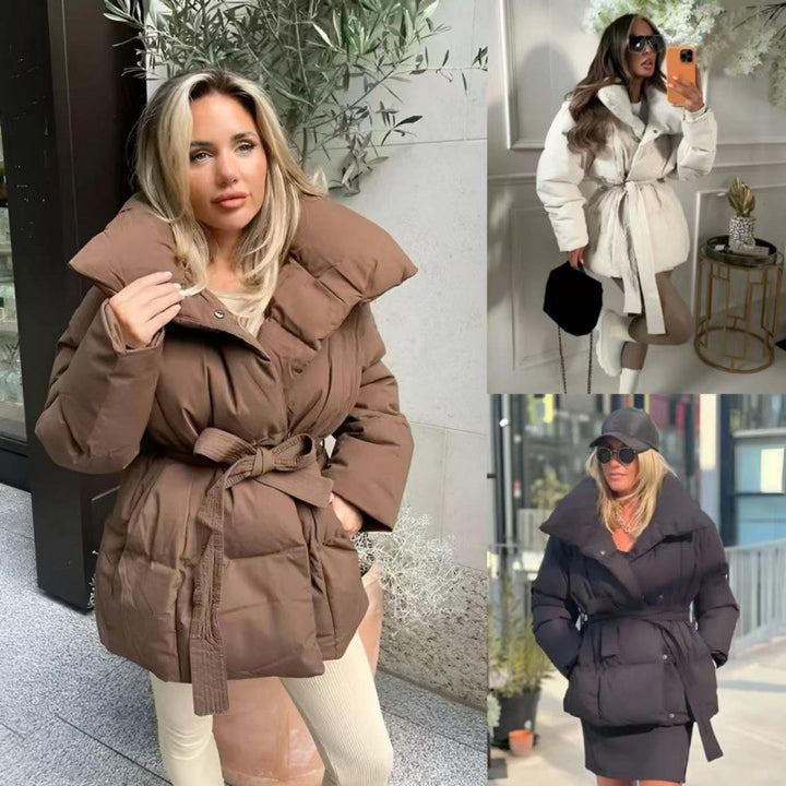 Damen modische Oversized-Daunenjacke mit breitem Kragen und Taillengurt Drune
