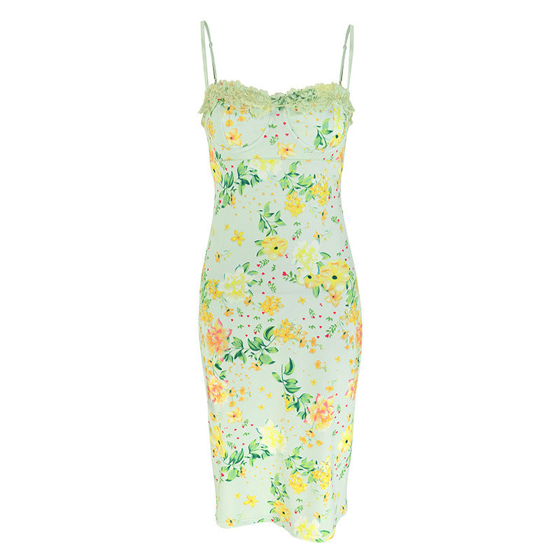 Damen Sommerliches Blumenkleid mit zarter Spitze und Spaghetti-Trägern Drune
