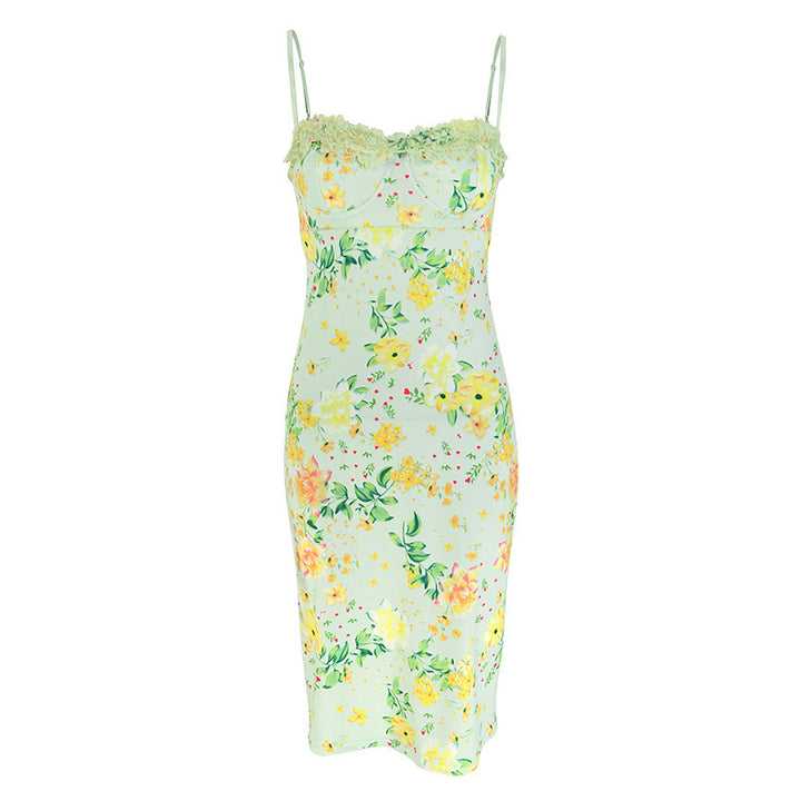 Damen Sommerliches Blumenkleid mit zarter Spitze und Spaghetti-Trägern Drune