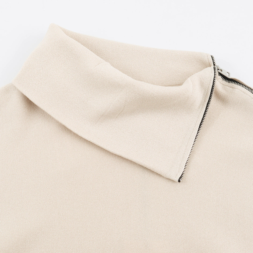 Damen Asymmetrischer Feinstrick-Pullover mit Schalkragen, Schulterreißverschluss und Zipper-Ärmel Drune