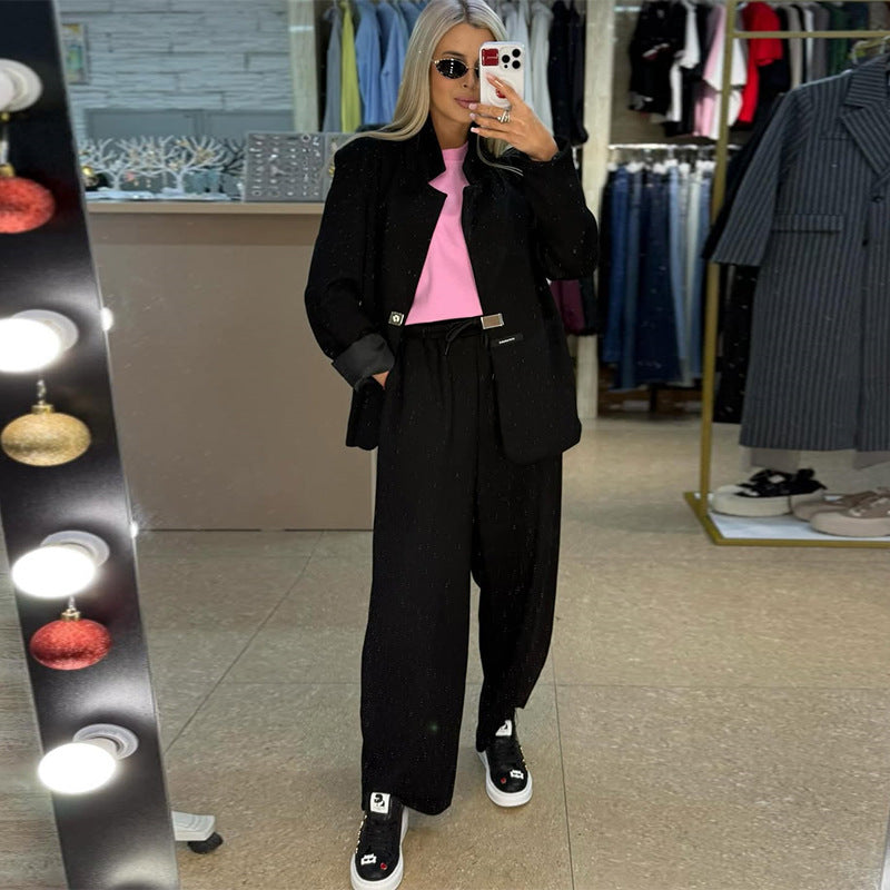 Damen lässige Sweater-Blazer-Kombination mit weit geschnittenen Hosen Drune