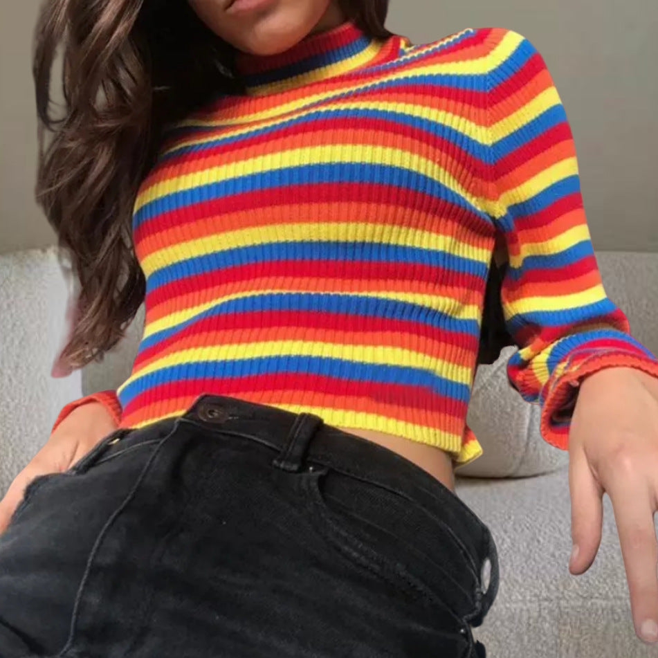 Damen Stylishes Crop-Top mit Rollkragen und buntem Streifenmuster Drune