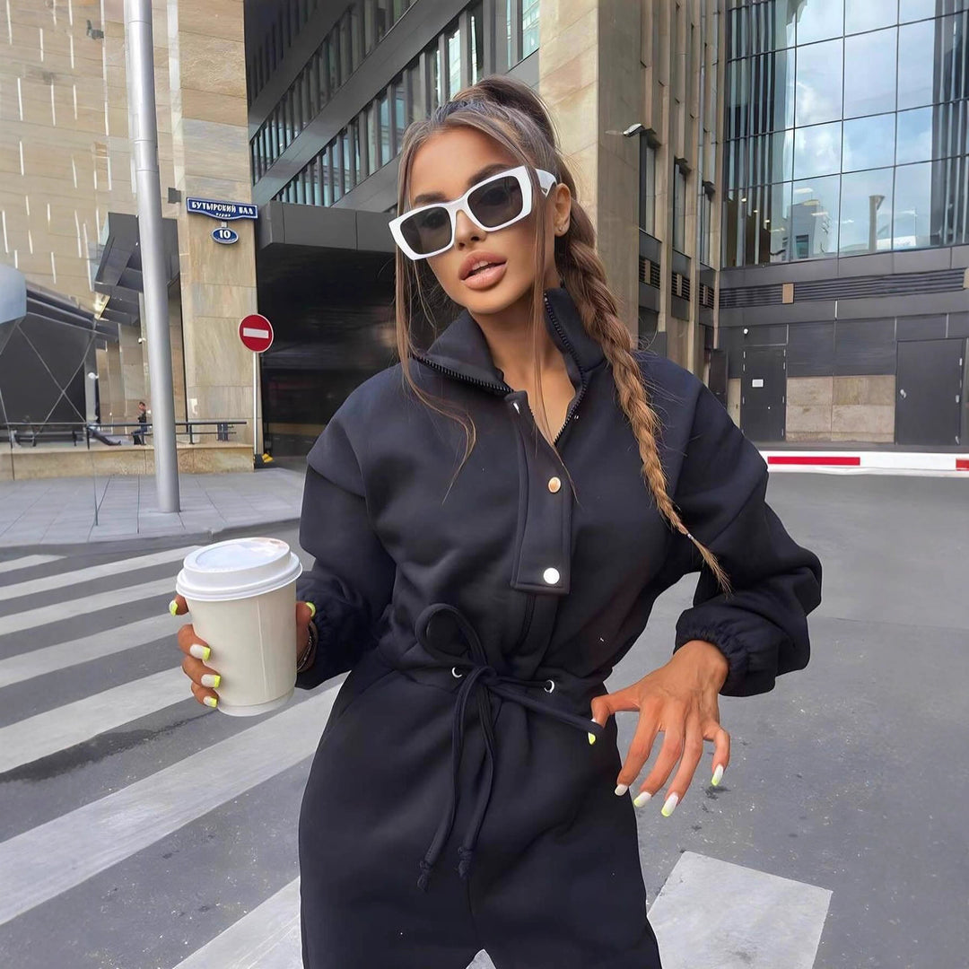 Damen taillierter Velours-Jumpsuit mit Tunnelzug Stehkragen und elastischen Bündchen Drune