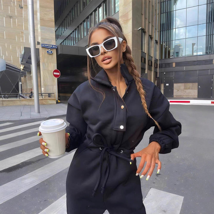 Damen taillierter Velours-Jumpsuit mit Tunnelzug Stehkragen und elastischen Bündchen Drune