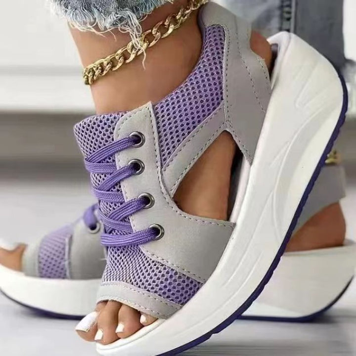 Damen Offene Keil-Sandale-Sneaker mit atmungsaktivem Mesh, profilierter Plateau-Sohle und Schnürung Drune