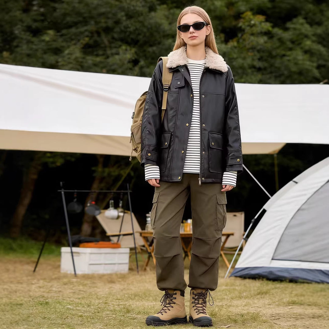 Damen Oversized Kunstleder-Fieldjacke mit abnehmbarem Teddykragen und aufgesetzten Pattentaschen Drune