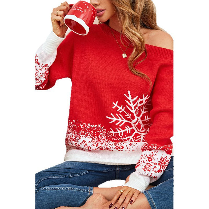 Damen festlicher Weihnachts-Pullover mit elegantem Schneeflocken-Motiv und Off-Shoulder Design Drune