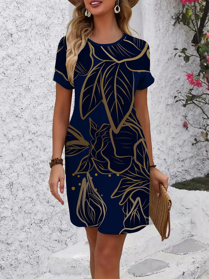 Damen Kurzarm Kleid mit floralem Linienmuster Drune