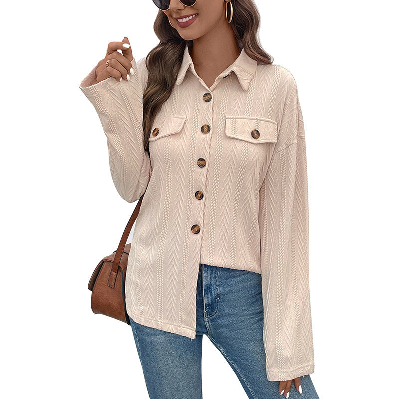 Damen Leichte strukturierte Hemdjacke mit Brusttaschen und Hornoptik-Knöpfen Drune