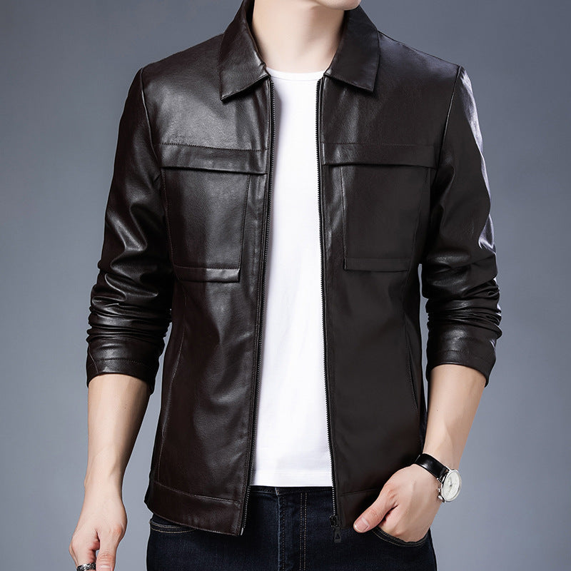 Herren Slim‑Fit Lederoptik-Truckerjacke mit Hemdkragen, verdecktem Reißverschluss und Pattentaschen Drune
