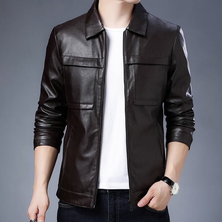 Herren Slim‑Fit Lederoptik-Truckerjacke mit Hemdkragen, verdecktem Reißverschluss und Pattentaschen Drune