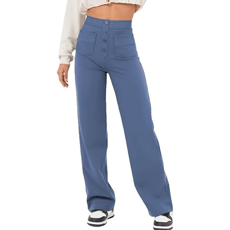 Damen elegante High-Waist Lounge-Hose mit großen Taschen und Knopfverschluss Drune
