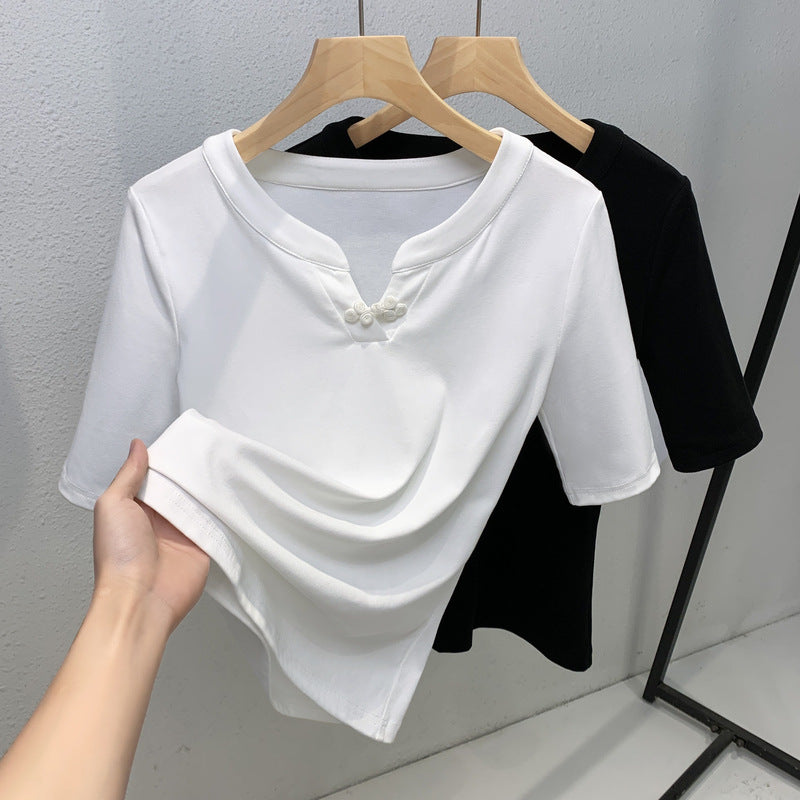 Damen modisches Kurzarmoberteil mit stilvollem Kragen und Knopfdetails Drune