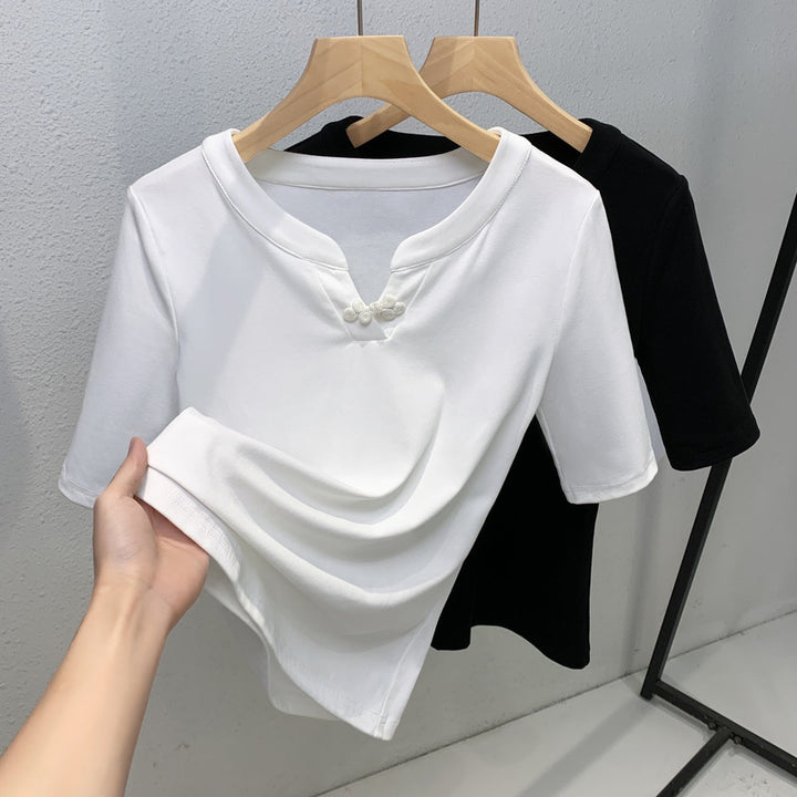 Damen modisches Kurzarmoberteil mit stilvollem Kragen und Knopfdetails Drune