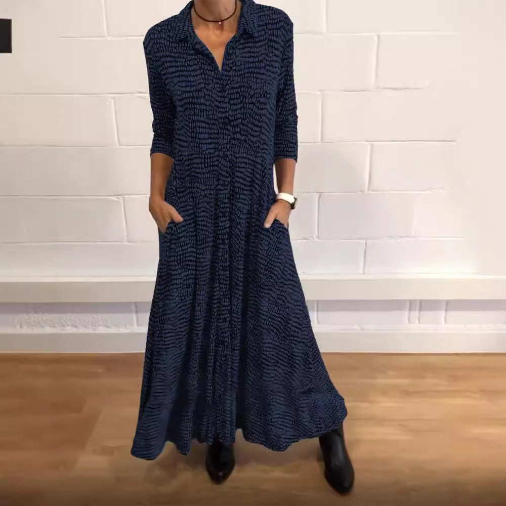 Damen nan fließendes Maxikleid mit Hemdblusenkragen, V-Ausschnitt, dreiviertelärmeln und Seitentaschen Drune