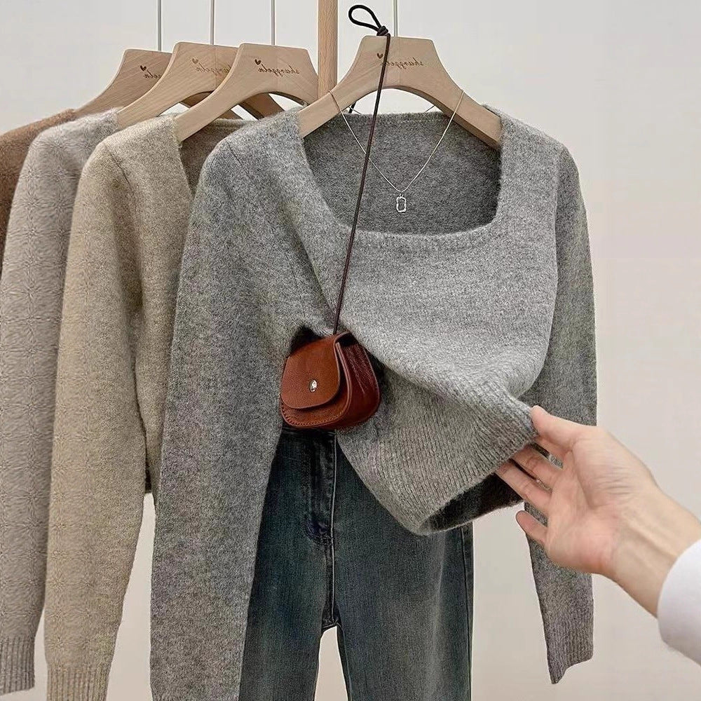 Damen Eleganter Kurzpullover mit Quadrat-Ausschnitt und feiner Strickstruktur Drune
