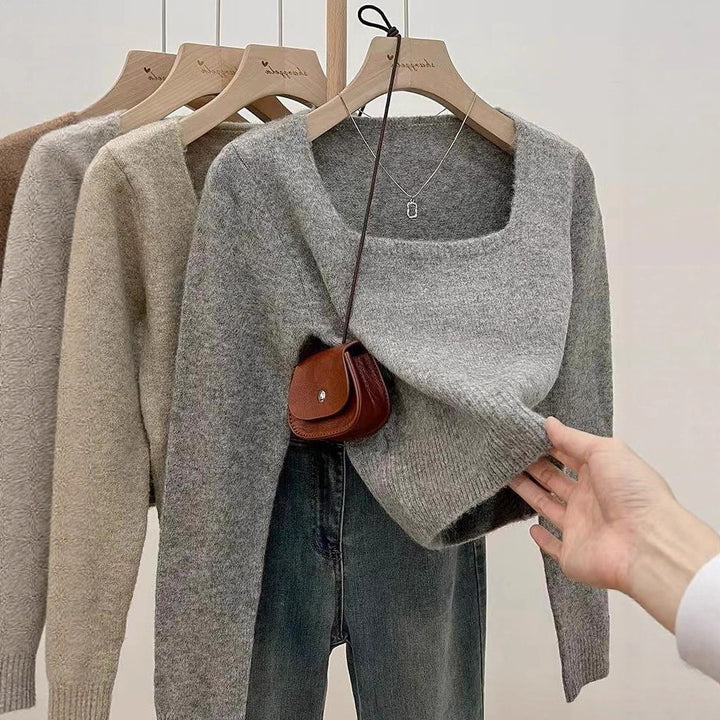 Damen Eleganter Kurzpullover mit Quadrat-Ausschnitt und feiner Strickstruktur Drune
