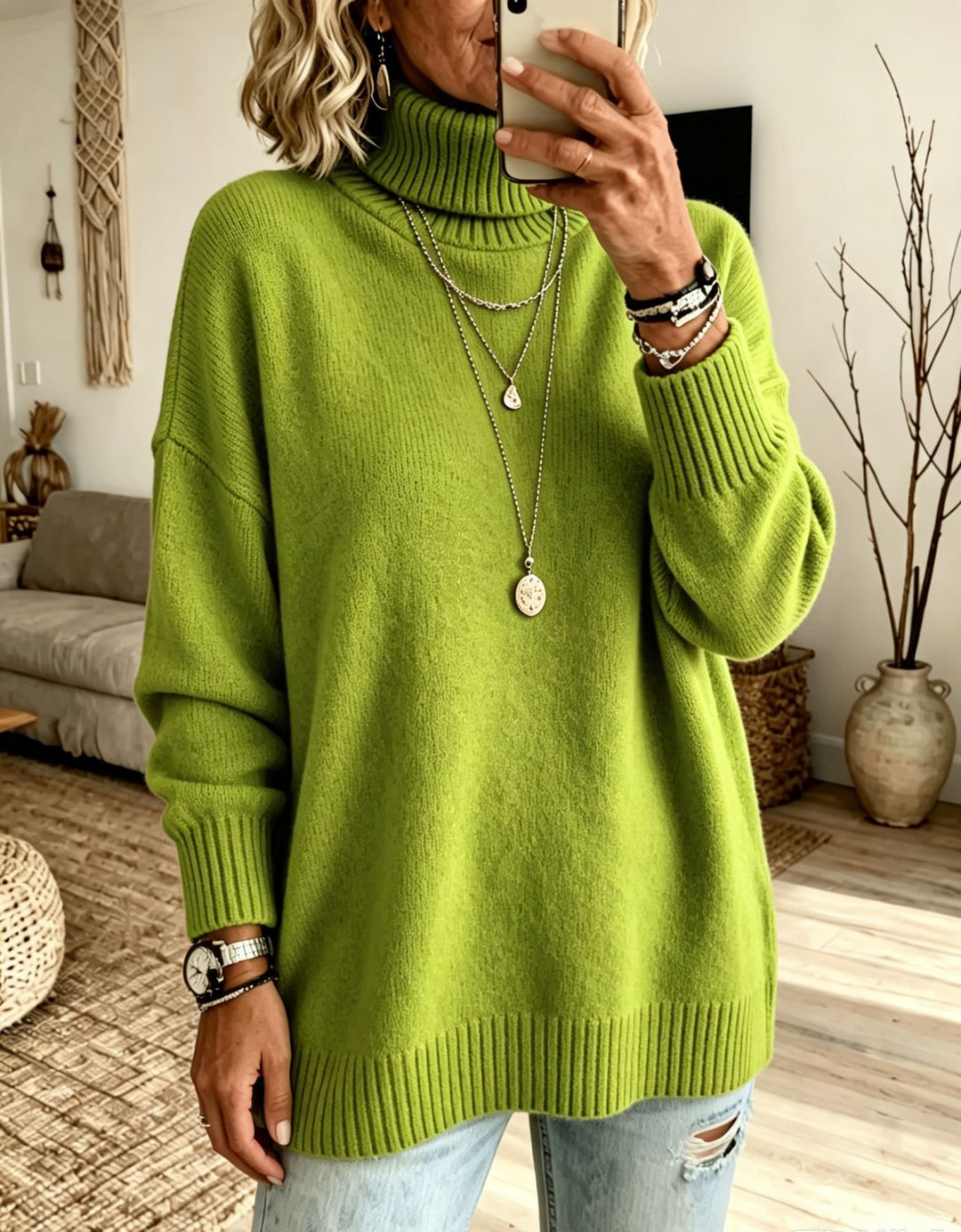 Damen Oversize Rollkragenpullover aus Feinstrick mit gerippten Bündchen und überschnittener Schulter Drune