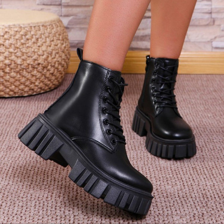 Damen robuste Schnürstiefel mit trendiger Plattformsohle und rutschfester Gummisohle Drune