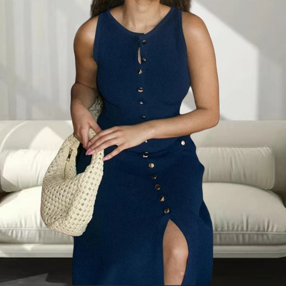 Damen Strickmaxikleid mit Knopfleiste und seitlichen Schlitzen Drune