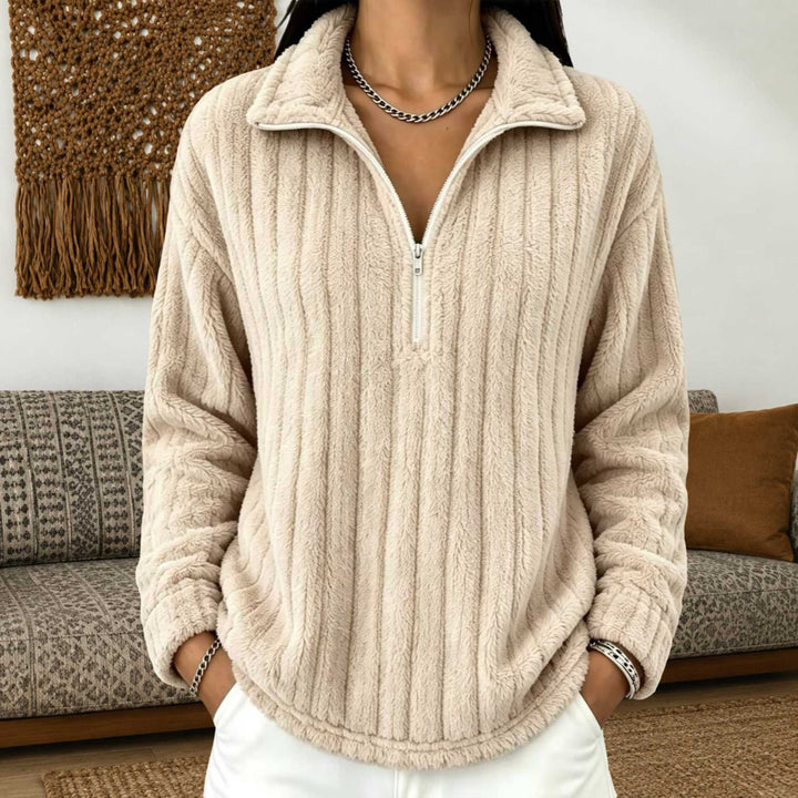 Damen Kuscheliger Plüsch-Halfzip-Pullover mit Stehkragen Drune