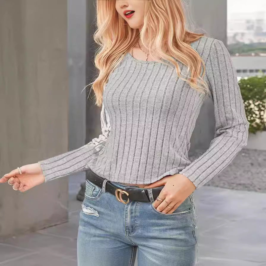 Damen Slim-Fit Ripp-Longsleeve mit strukturiertem Streifenrelief Drune
