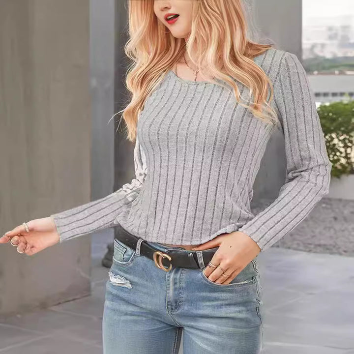 Damen Slim-Fit Ripp-Longsleeve mit strukturiertem Streifenrelief Drune