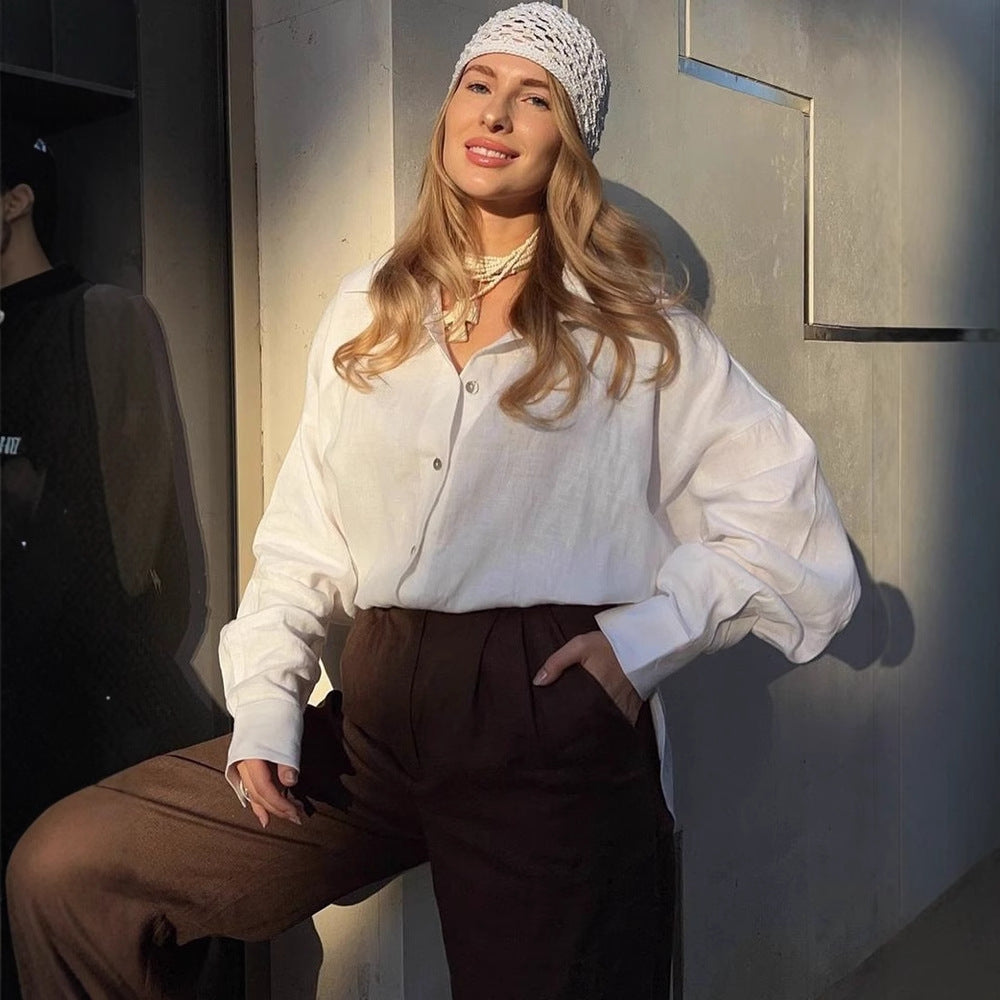 Damen luftige Leinenbluse mit stylischem Knotendetail und langen Ärmeln Drune