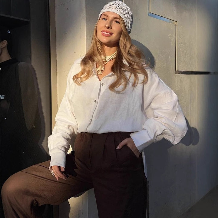 Damen luftige Leinenbluse mit stylischem Knotendetail und langen Ärmeln Drune