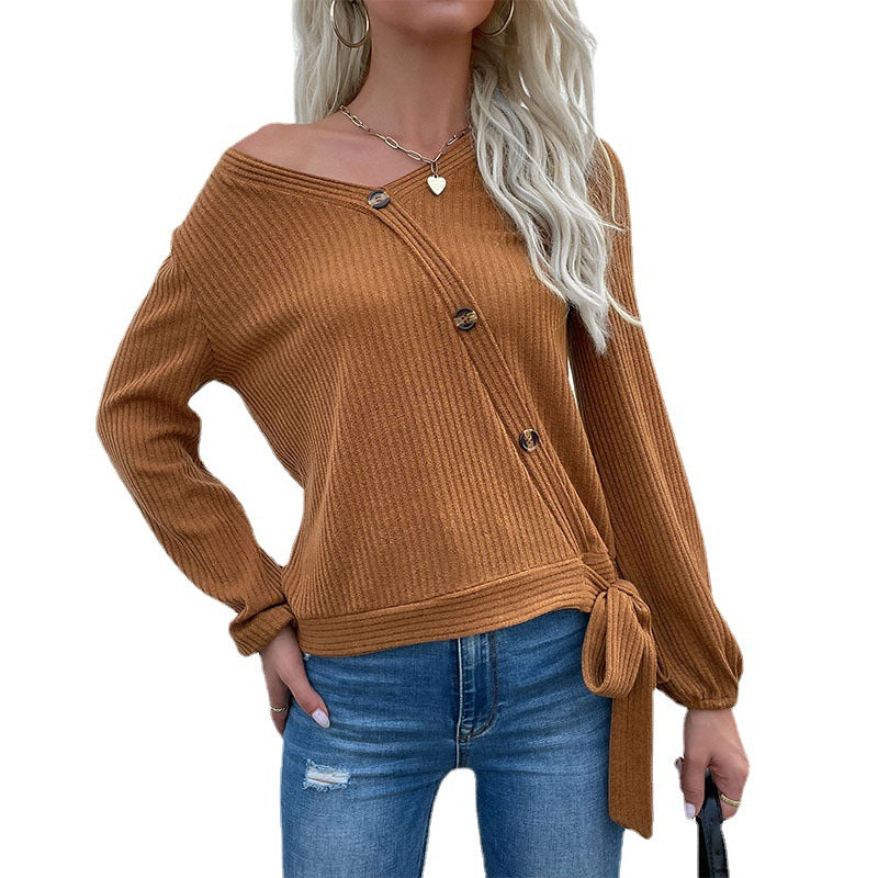 Damen Gerippte Wickel-Strickjacke mit V‑Ausschnitt, asymmetrischer Knopfleiste und Taillenband Drune